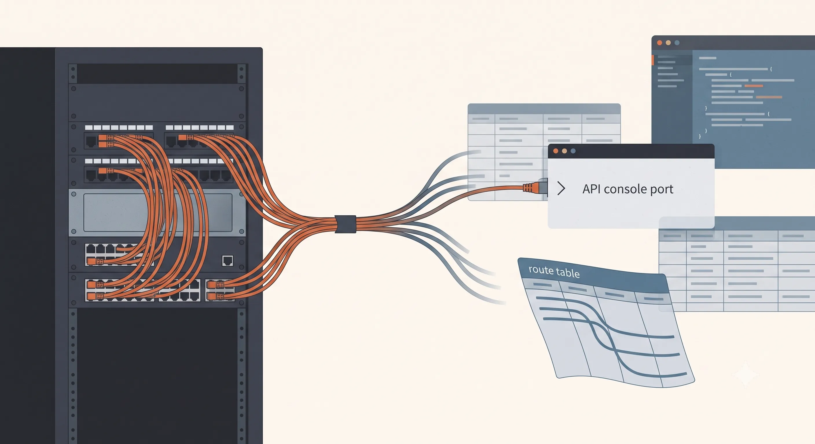A server rack full of orange patch cables where the cables leave the rack and turn into UI windows: an API console, a route table, a config file. The physical wiring becomes an API call.