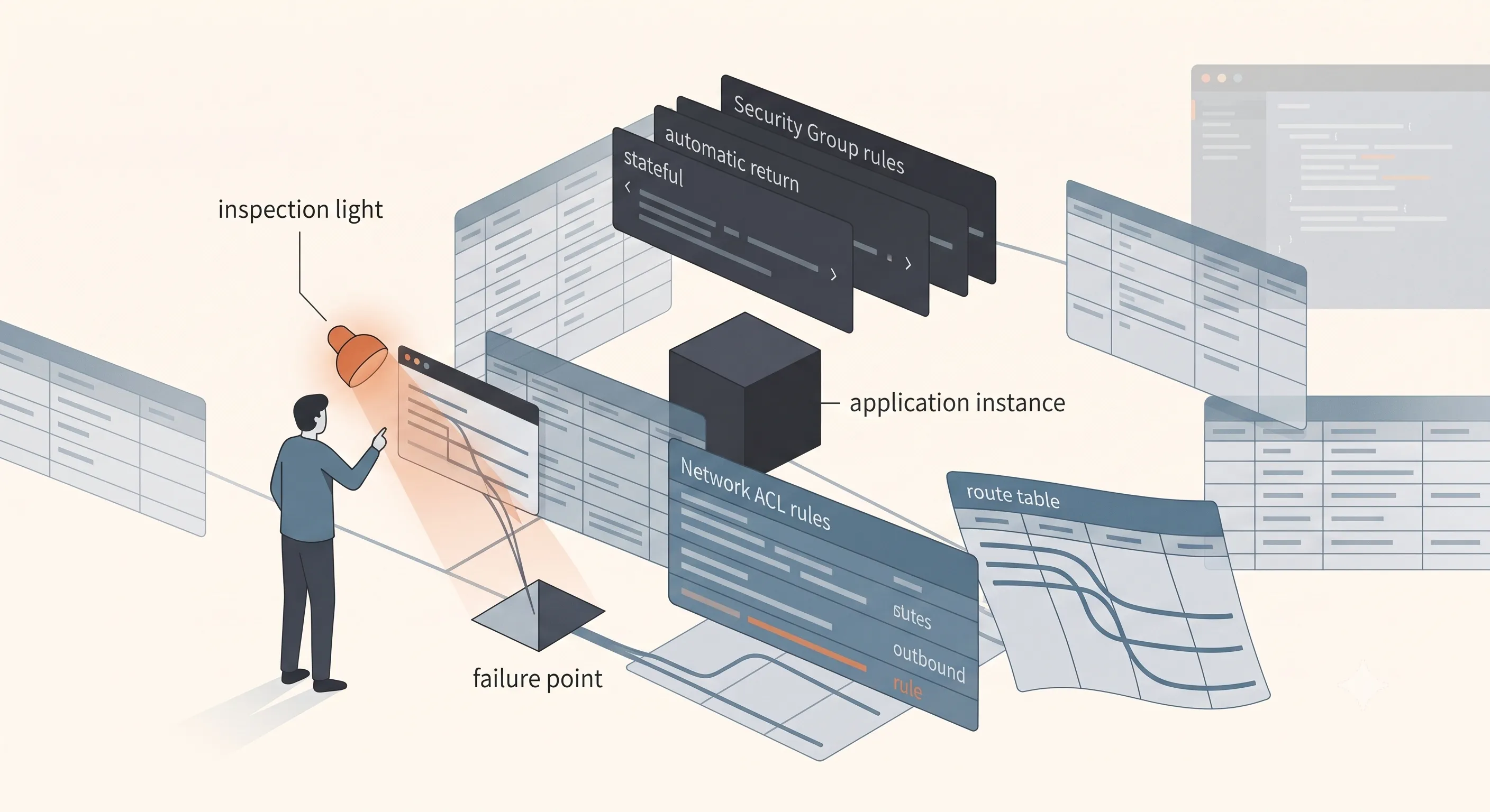 Someone shines an inspection light across floating panels, security group rules, network ACL rules, a route table, an application instance, hunting for the one failure point. In the cloud you debug reachability by reading config, not by tracing a cable.