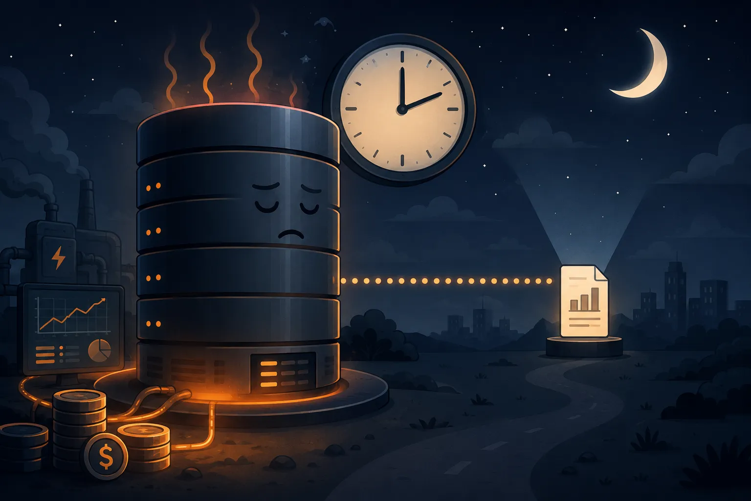 An always-on transactional database awake through the night, sized for a peak it rarely sees, a clock and a moon overhead and stacks of money glowing beside it while a single report waits in the distance. The image for a database paying for uptime it does not use.