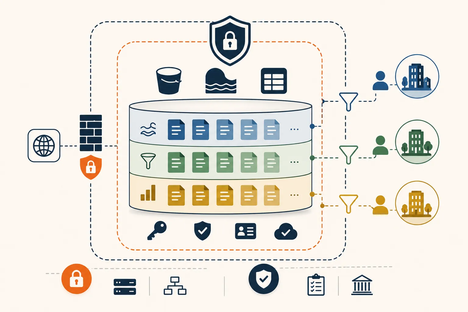 The multi-tenant lake wrapped in nested security boundaries: an outer account boundary, an inner perimeter with a firewall and lock, and the layered lake (Raw, Cleaned, Curated) in the middle. Each layer fans out through a per-tenant filter to a different tenant, so an identity only ever sees its own rows. Encryption, access control, identity and backup icons sit along the base.