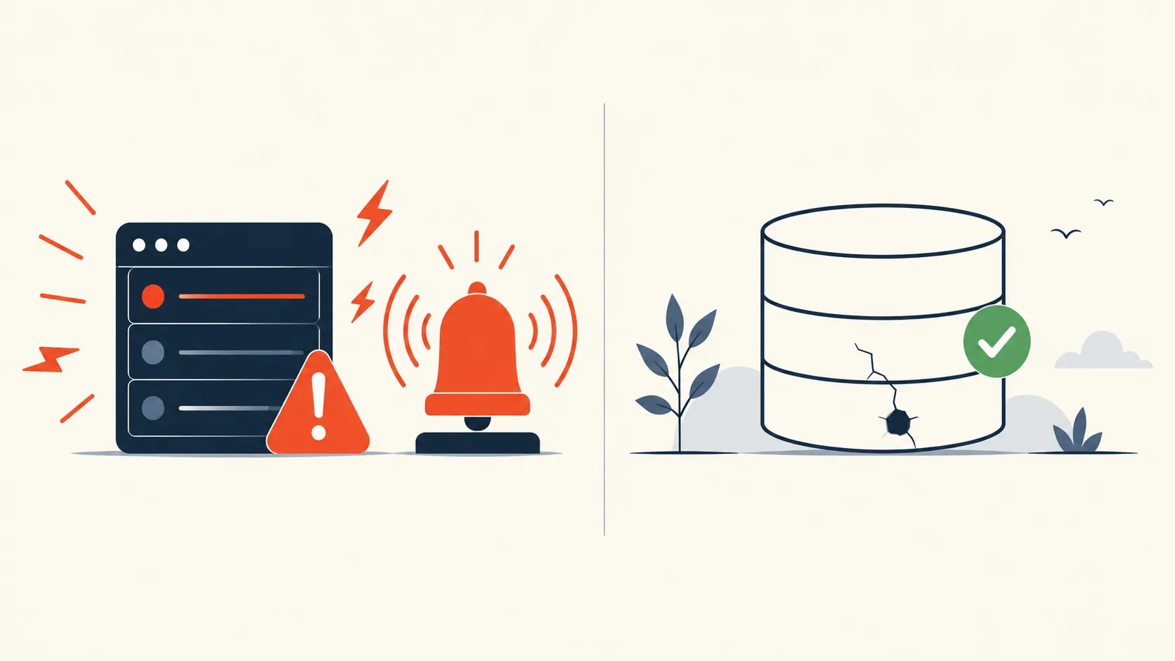 On the left, a service fails loudly with a red alert and a ringing alarm. On the right, a database looks green and healthy on the surface while a quiet crack spreads unnoticed inside it.