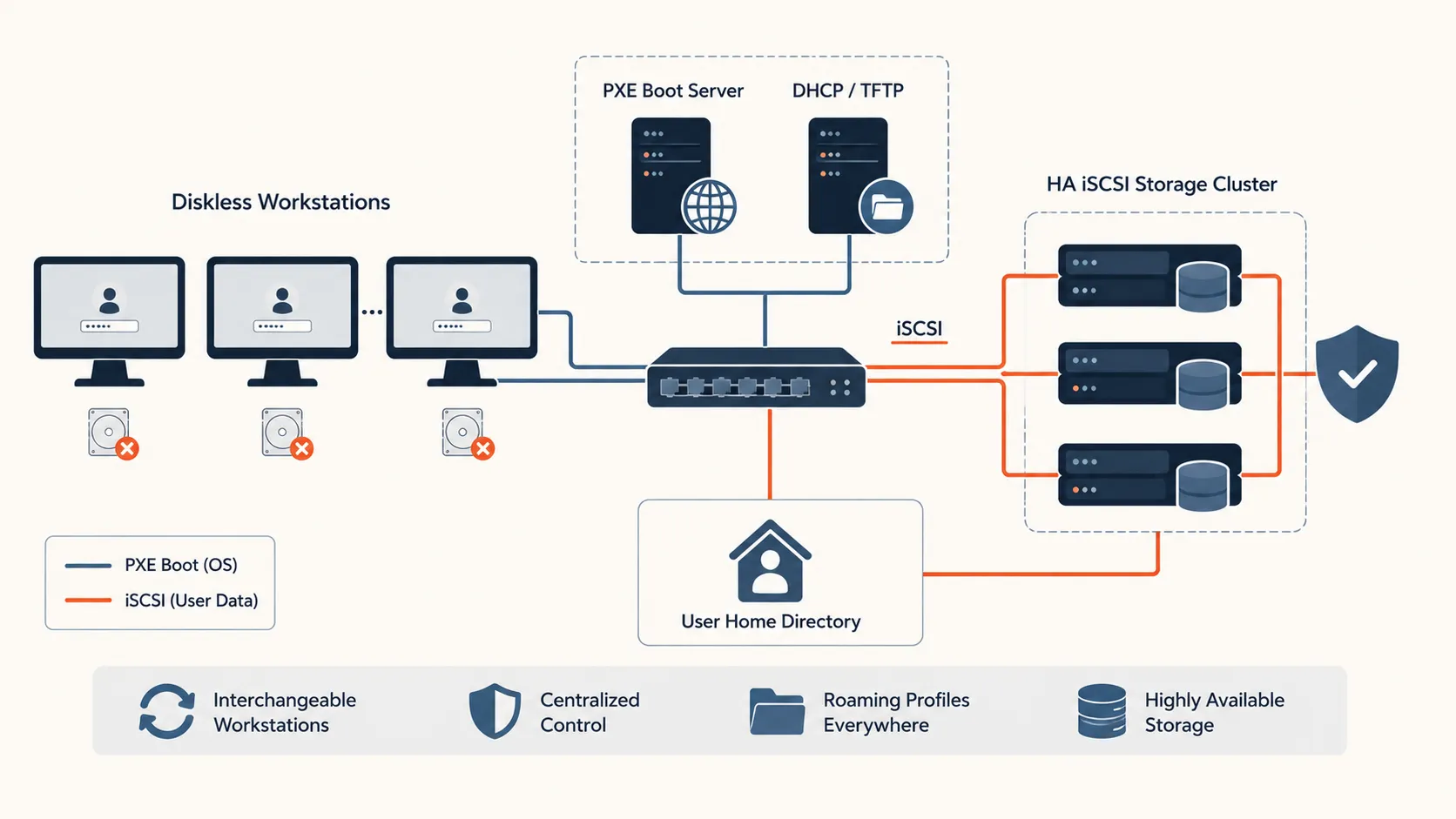 Diskless workstations with no local disk boot the OS over PXE from a boot server via DHCP and TFTP, while their home directories are mounted over iSCSI from a highly available storage cluster. The OS path and the user-data path are two separate layers.