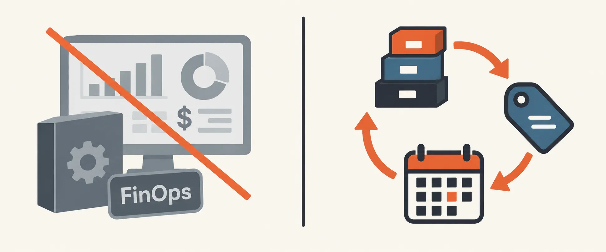 On the left, a greyed-out cost dashboard and a FinOps name badge struck through, the tools and titles you buy. On the right, an active cycle of three icons connected by arrows: account structure, a tag, and a calendar, the practice you run instead.