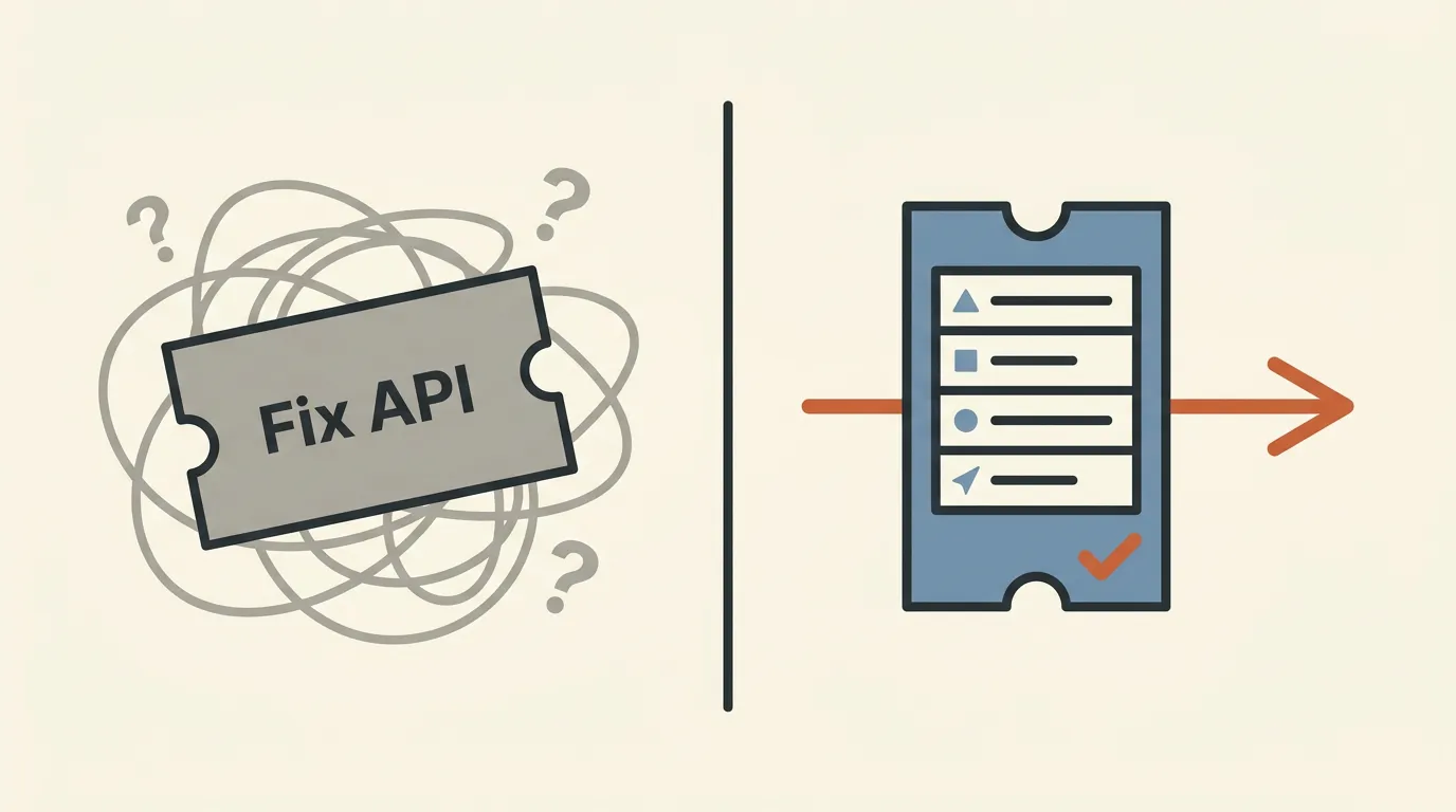 On the left, a vague ticket labeled only "Fix API", tangled in a loose scribble and surrounded by a few question marks. On the right, a clean, structured ticket with several labeled rows and a checkmark, flowing into a straight arrow toward delivery.
