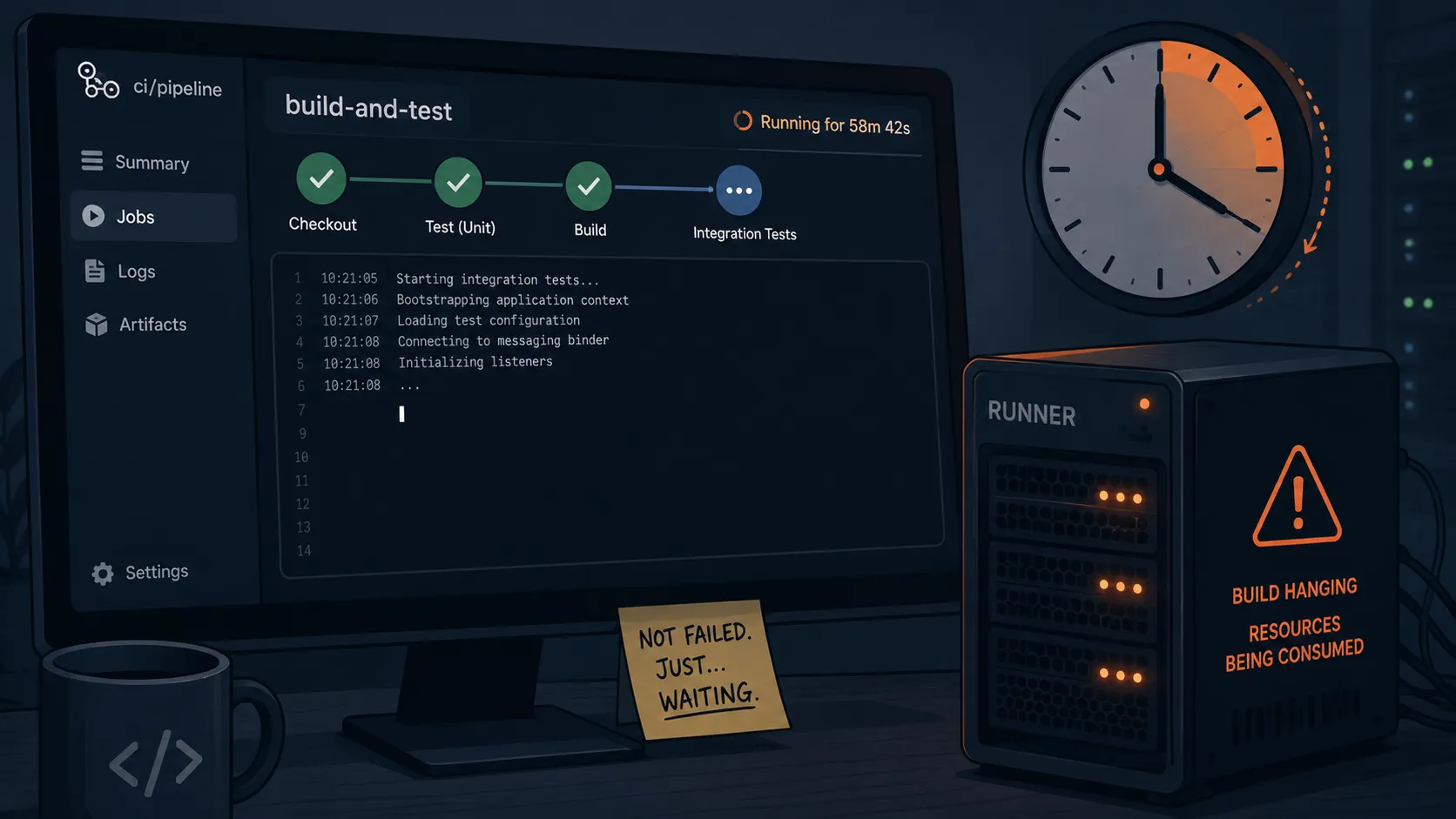 A CI pipeline dashboard for a build-and-test job. Checkout, unit tests and build are all green and done, but the integration tests step is still spinning after 58 minutes. The log has stopped at "Connecting to messaging binder" with a blinking cursor and no further output. A clock ticks toward a timeout, a CI runner box is flagged as consuming resources, and a sticky note reads "not failed, just waiting."