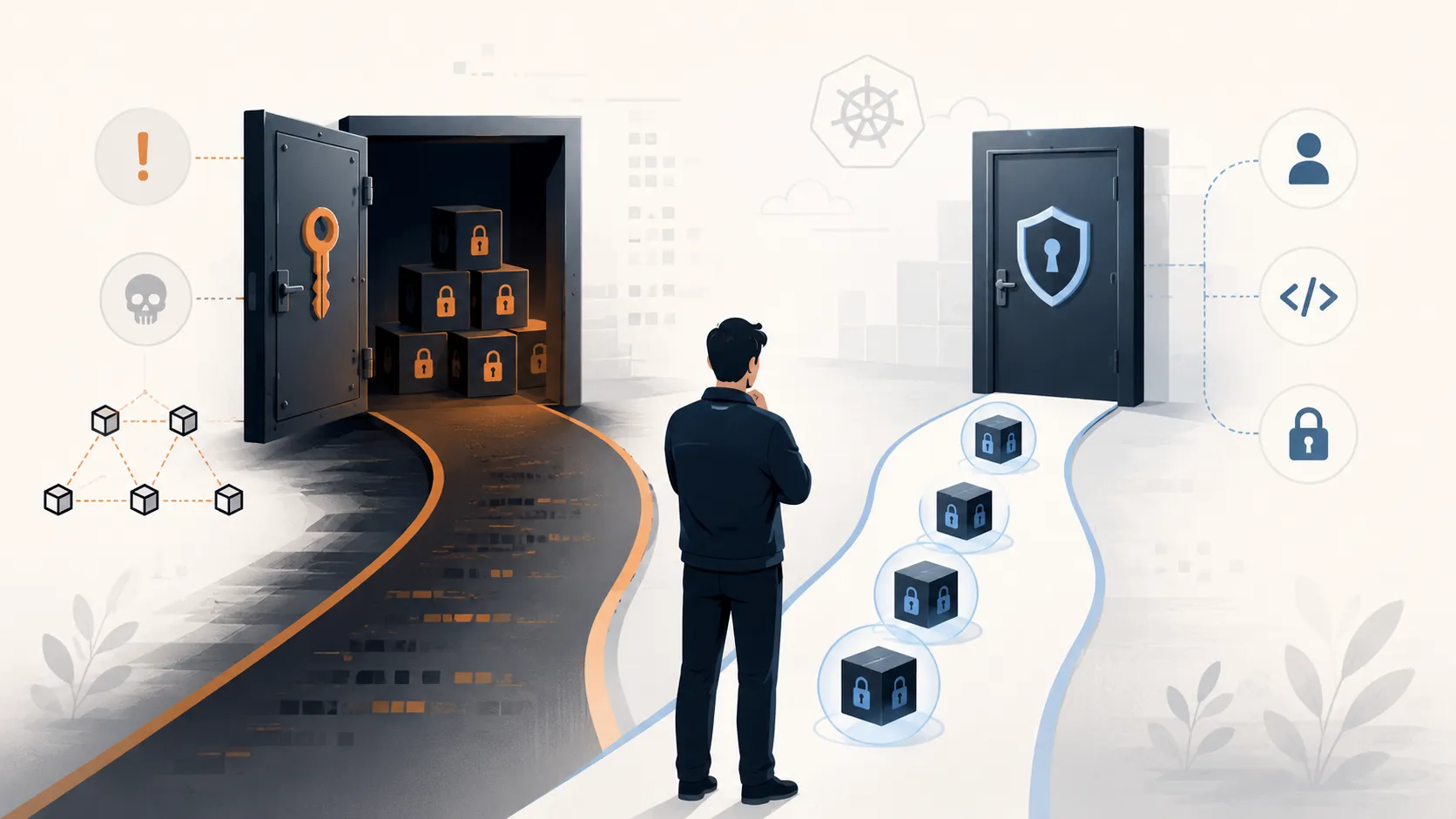 A developer standing at a fork between two paths. The left path leads into a single open vault where one key unlocks every locked box, flanked by warning and skull icons: the broad grant that opens everything. The right path leads to a shielded door where each box carries its own lock: per-service identity, one key per door. The insecure path is the wide easy one, which is the whole problem.