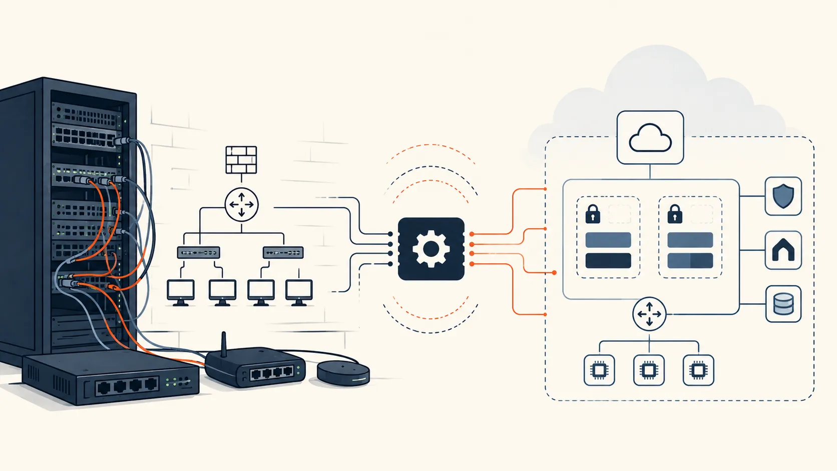 The physical world on the left, a server rack, switches and workstations, passes through an abstraction layer in the middle and becomes a cloud VPC on the right, with subnets, a router, and compute instances inside a virtual boundary.