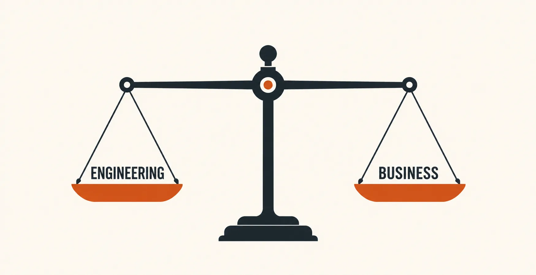 A simple balance scale, perfectly level, with one pan labeled engineering and the other labeled business, weighing the two sides against each other.