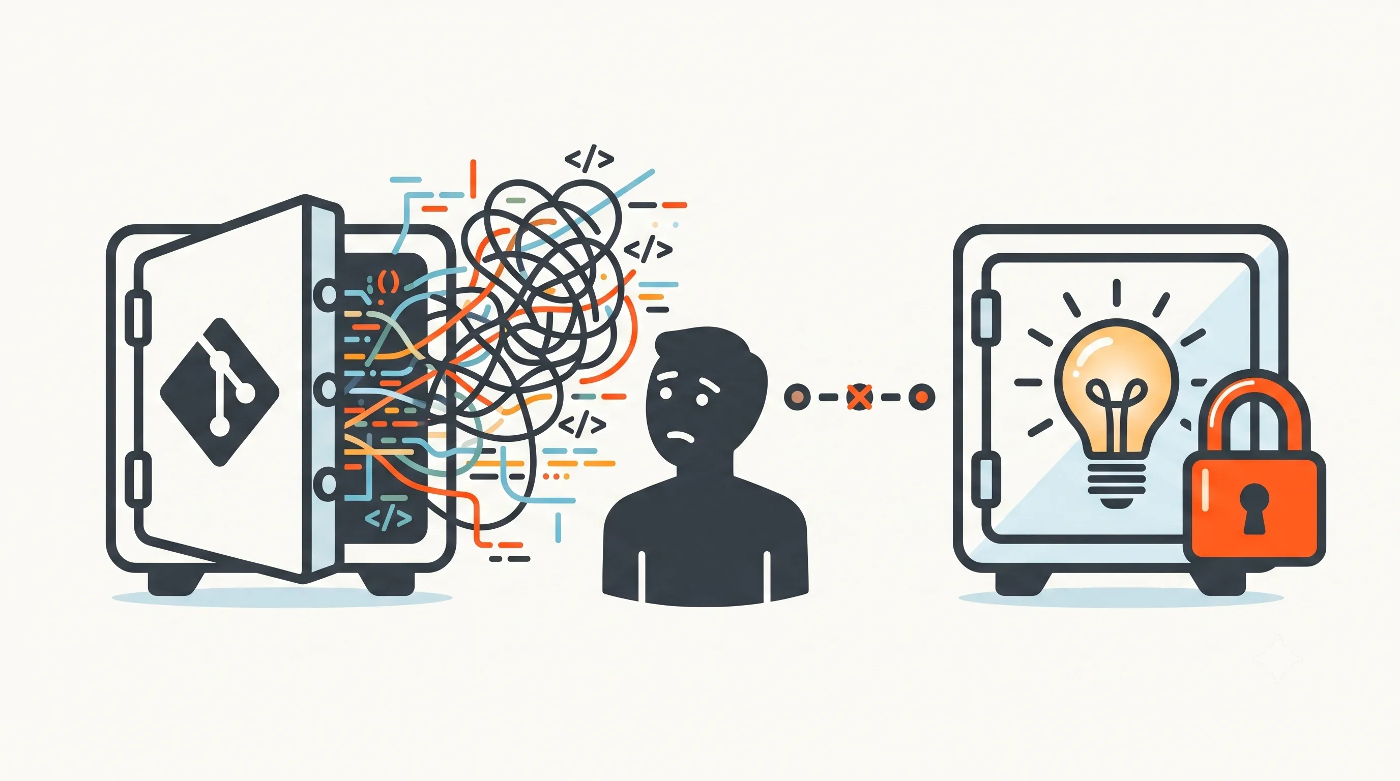 An open repository spills out a tangle of chaotic code, while the understanding that makes sense of it stays locked in a separate safe.