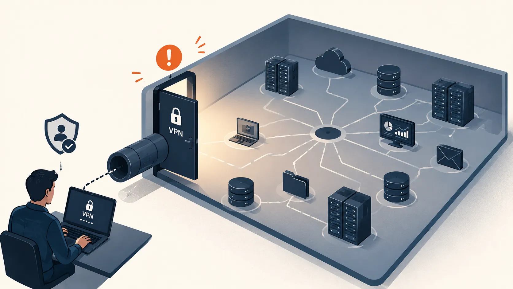 A user at a laptop connects through a VPN tunnel marked with a warning, and the tunnel opens straight into a large flat internal room where every server, database and service sits interconnected and reachable. Once past the door, everything is in one open space. The picture of a flat network you dial into.